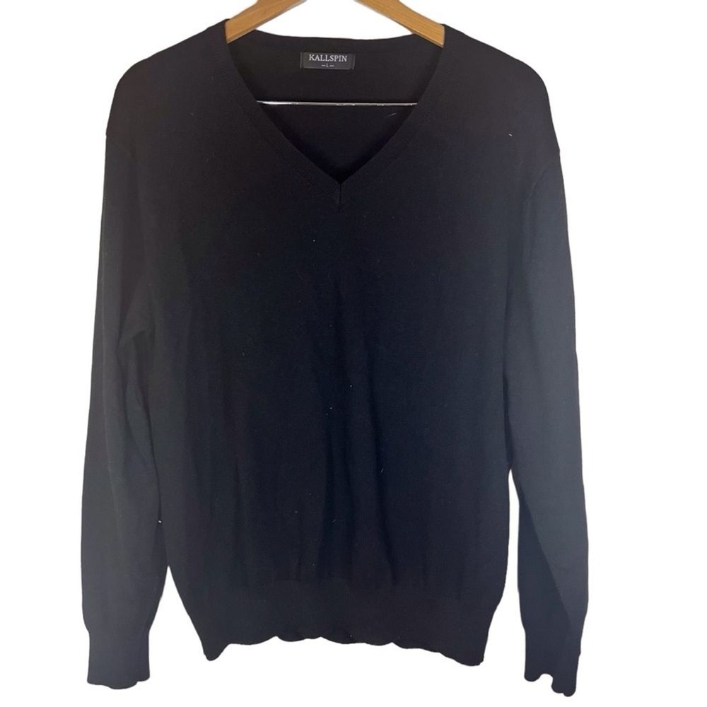 Kallspin Womens Cashmere Wool Blend Vneck Black Sweater Size Large Warm‎